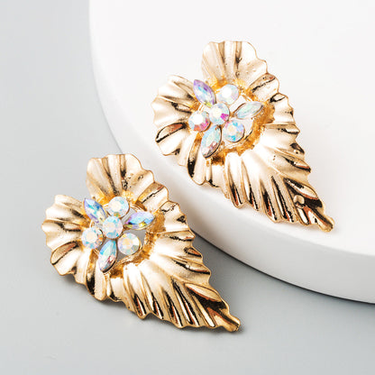 Exaggerated Heart-Shaped Alloy Earrings with Colorful Rhinestones