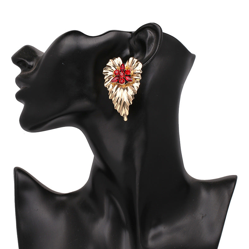 Exaggerated Heart-Shaped Alloy Earrings with Colorful Rhinestones