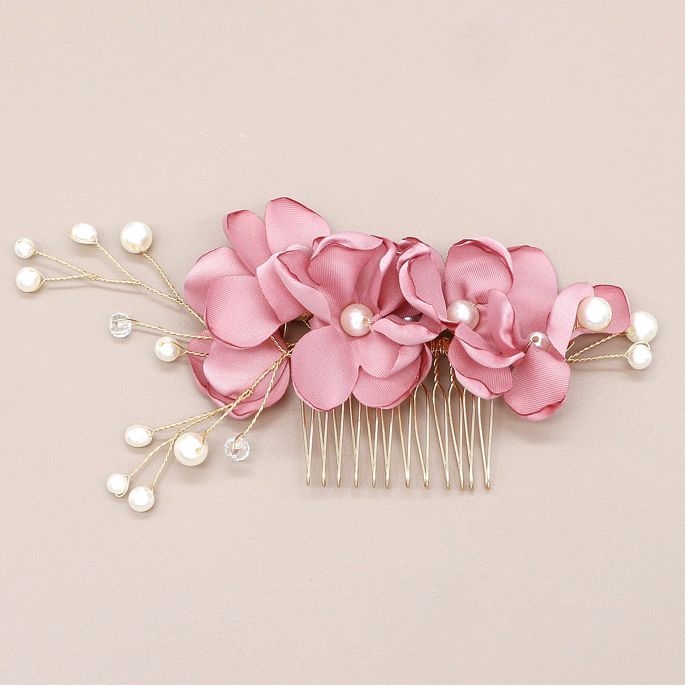 Bridal Red Flower Fabric Pearl Hair Comb Wedding Accessory