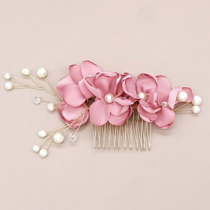 Bridal Red Flower Fabric Pearl Hair Comb Wedding Accessory