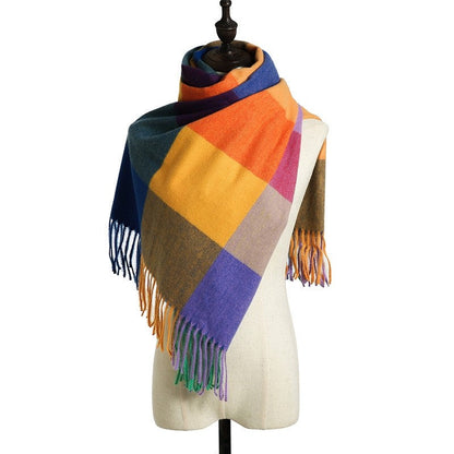 Imitated Cashmere Plaid Print Striped Tasseled Shawl Scarf