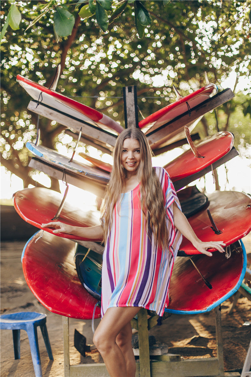 Chiffon Multicolor Stripe Beach Sun Proof Shirt With Resort Dress And Bikini Swimwear Blouse