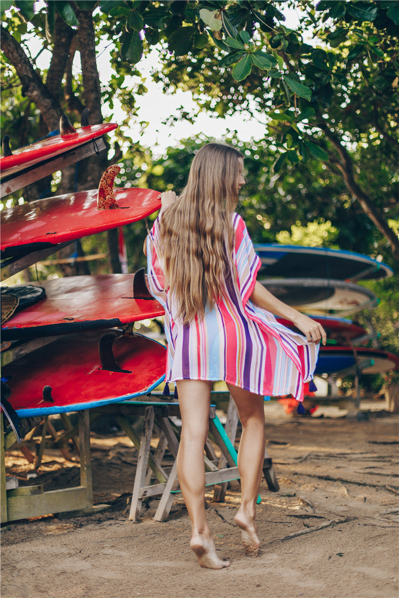 Chiffon Multicolor Stripe Beach Sun Proof Shirt With Resort Dress And Bikini Swimwear Blouse