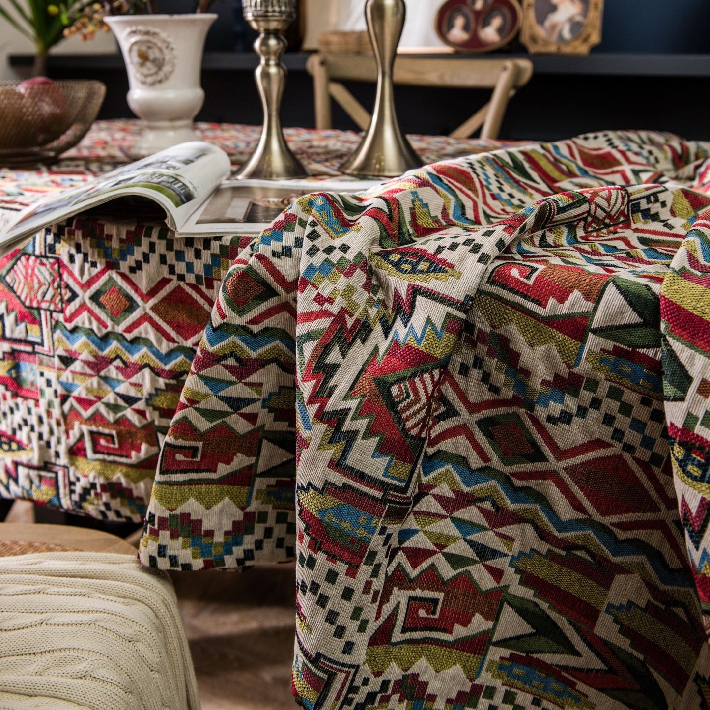 Geometry Bohemian Style Linen Double-Sided Pattern Thick Tablecloth