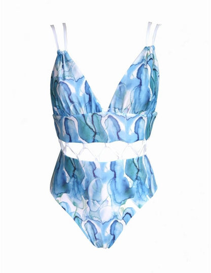 New Multicolor Printed Hollow One-Piece Swimsuit