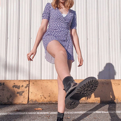 Romantic Purple Bow Girl'S Wind Flowers Show Thin Versatile V-Neck Dress