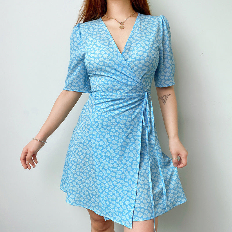 Romantic Purple Bow Girl'S Wind Flowers Show Thin Versatile V-Neck Dress