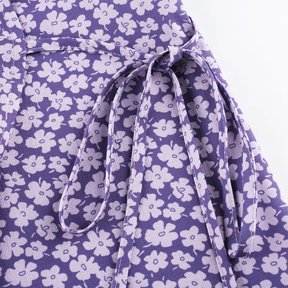 Romantic Purple Bow Girl'S Wind Flowers Show Thin Versatile V-Neck Dress