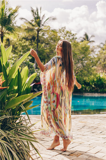 Chiffon Printed Snake Pattern Beach Sun Proof Shirt Holiday Long Dress Beach Swimsuit Cover Up