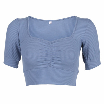 Spring And Summer Women'S Fashion Pit Pleated Palace Style Bubble Sleeve Open Navel Top