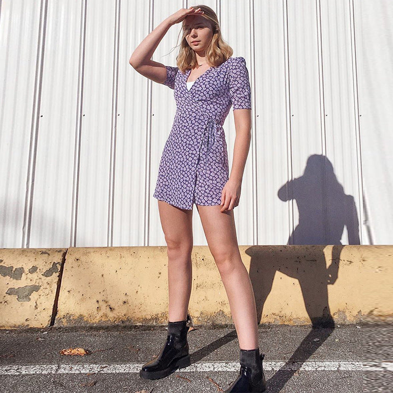 Romantic Purple Bow Girl'S Wind Flowers Show Thin Versatile V-Neck Dress