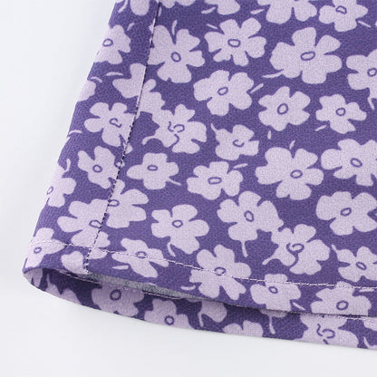 Romantic Purple Bow Girl'S Wind Flowers Show Thin Versatile V-Neck Dress