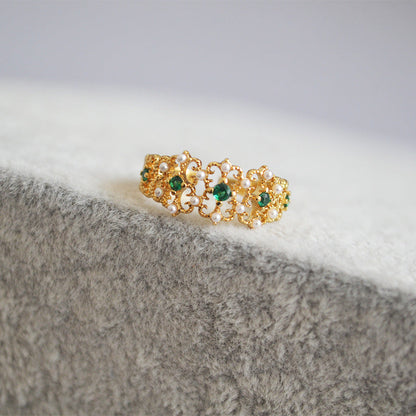 Vintage Emerald Zircon Pearl Hollow Open Ring
