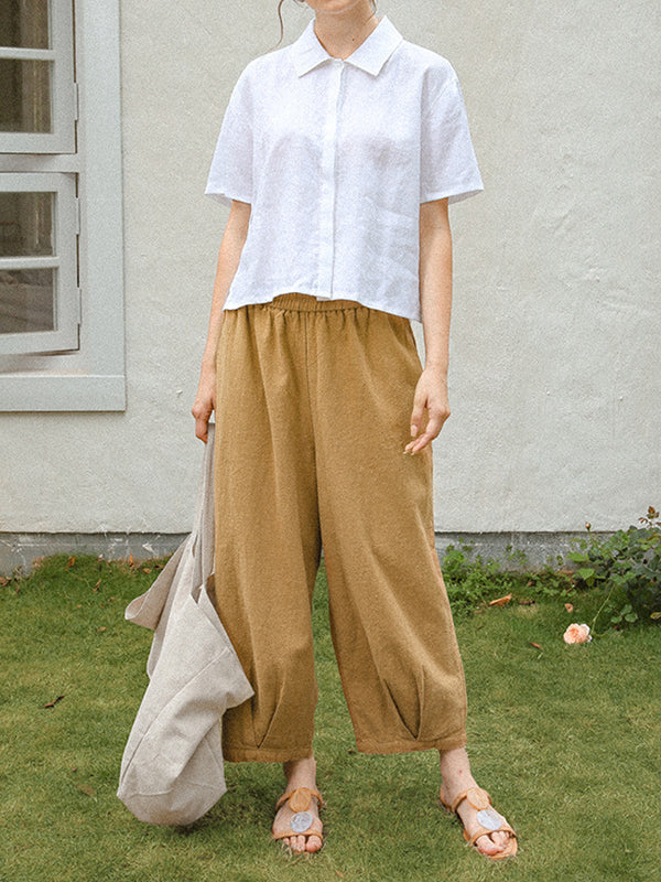 Loose Short Sleeves Buttoned Pleated Solid Color Split-Side Lapel Blouses&Shirts Tops