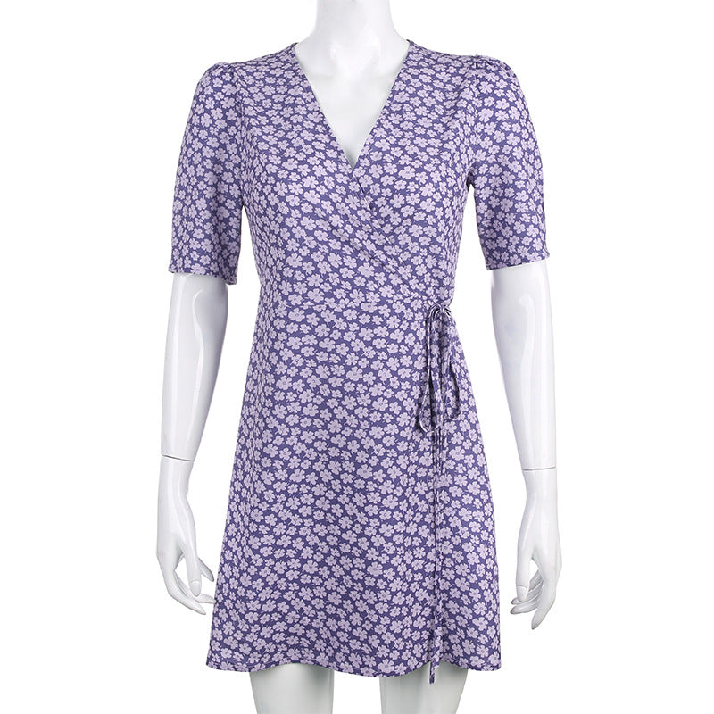 Romantic Purple Bow Girl'S Wind Flowers Show Thin Versatile V-Neck Dress