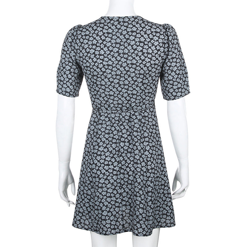 Romantic Purple Bow Girl'S Wind Flowers Show Thin Versatile V-Neck Dress