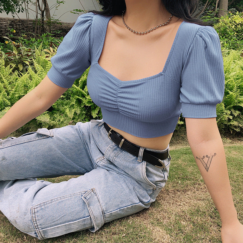 Spring And Summer Women'S Fashion Pit Pleated Palace Style Bubble Sleeve Open Navel Top