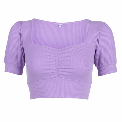 Spring And Summer Women'S Fashion Pit Pleated Palace Style Bubble Sleeve Open Navel Top