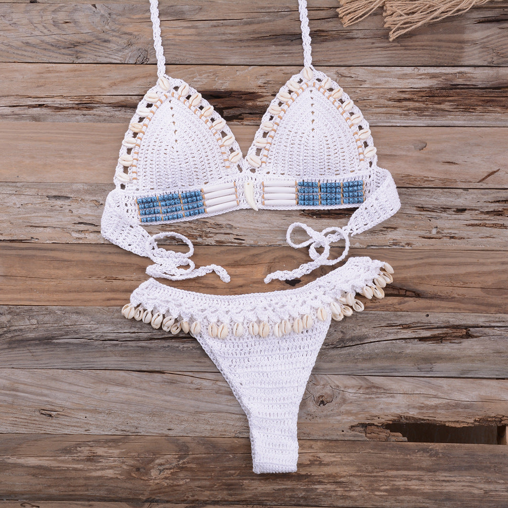 Handmade Shell Woven Gather Sexy Beach Vacation Split Swimsuit Women'S Suit