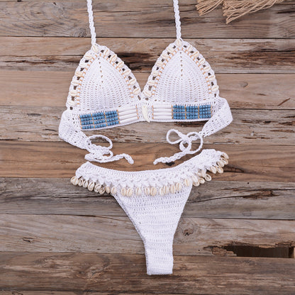 Handmade Shell Woven Gather Sexy Beach Vacation Split Swimsuit Women'S Suit