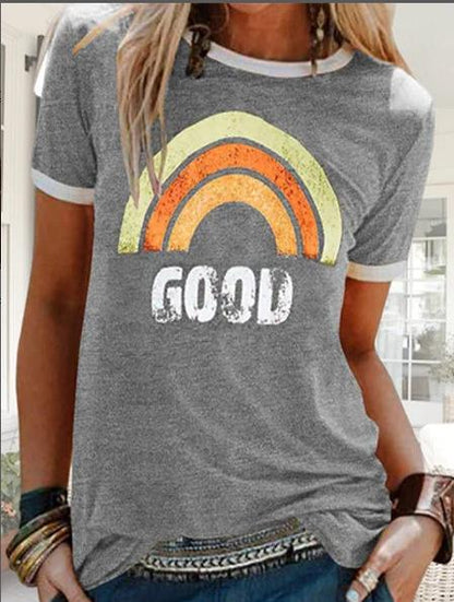 Summer New Rainbow Letter Printing Color Matching Short-Sleeved T-Shirt