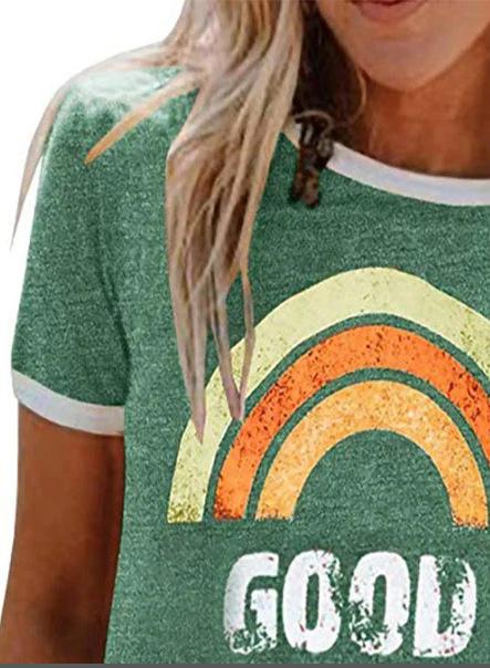Summer New Rainbow Letter Printing Color Matching Short-Sleeved T-Shirt