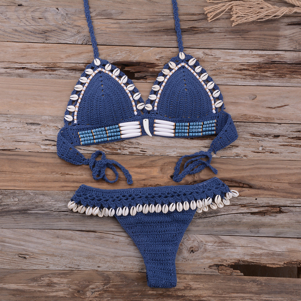 Handmade Shell Woven Gather Sexy Beach Vacation Split Swimsuit Women'S Suit
