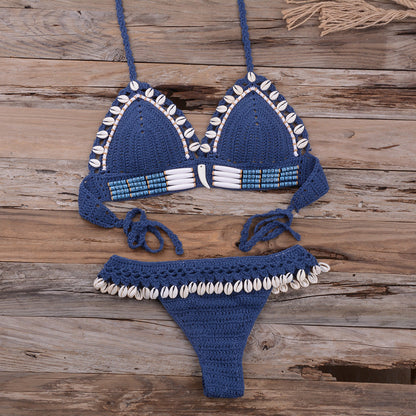 Handmade Shell Woven Gather Sexy Beach Vacation Split Swimsuit Women'S Suit