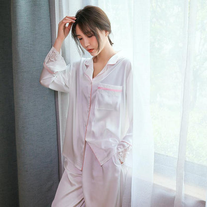 Spring And Summer New Women Thin Lace Pajamas Set Ice Silk Long-Sleeved Noble Temperament Home Clothes