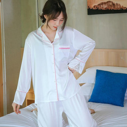 Spring And Summer New Women Thin Lace Pajamas Set Ice Silk Long-Sleeved Noble Temperament Home Clothes