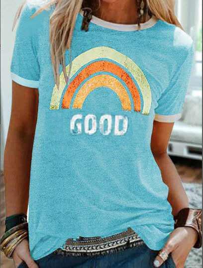 Summer New Rainbow Letter Printing Color Matching Short-Sleeved T-Shirt