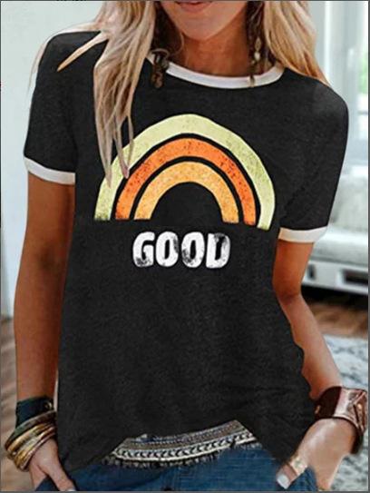 Summer New Rainbow Letter Printing Color Matching Short-Sleeved T-Shirt