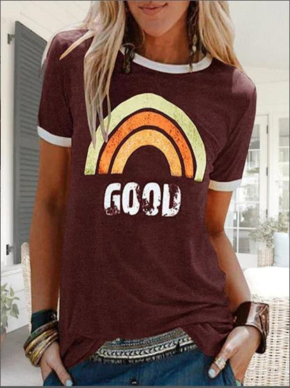 Summer New Rainbow Letter Printing Color Matching Short-Sleeved T-Shirt