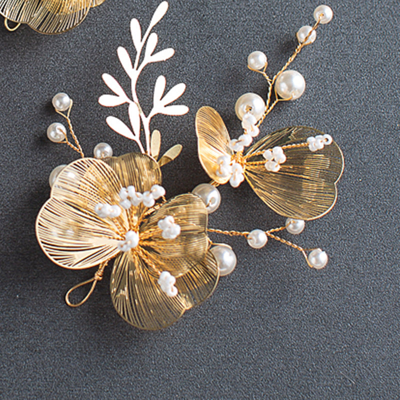 Elegant Golden Flower Headpiece with Earrings for Weddings
