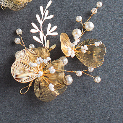 Elegant Golden Flower Headpiece with Earrings for Weddings