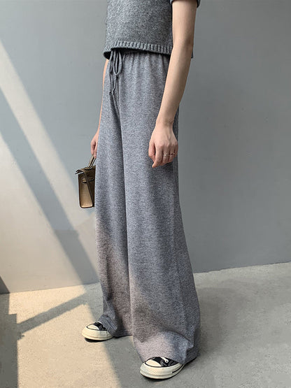 Loose Wide Leg Drawstring Solid Color Knitting Casual Pants Bottoms