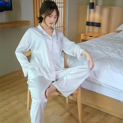 Spring And Summer New Women Thin Lace Pajamas Set Ice Silk Long-Sleeved Noble Temperament Home Clothes