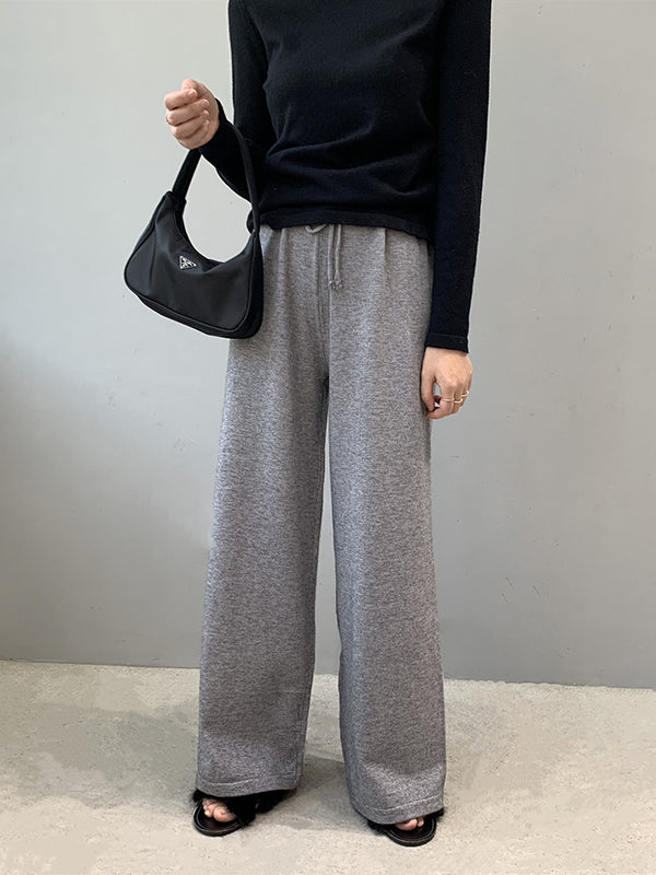 Loose Wide Leg Drawstring Solid Color Knitting Casual Pants Bottoms