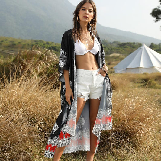 Women'S Flower Printed Cardigan Loose Casual Beach Holiday Cover Up