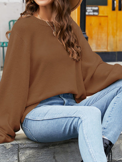 Batwing Sleeves Long Sleeves Solid Color Round-Neck Knitwear Pullovers Sweater Tops