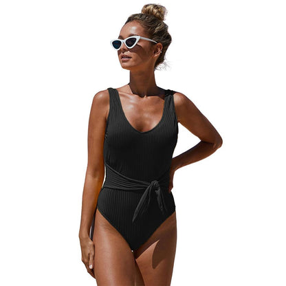 Fashionable Summer One-Piece Swimsuit Solid Color Knitted Triangle Swimsuit