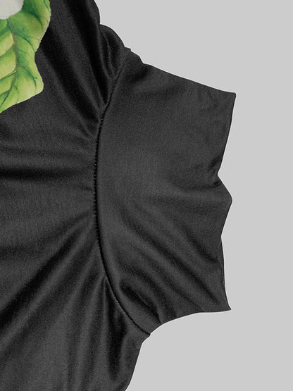 Irregularity Long Sleeves Flower Print High Neck T-Shirts Tops