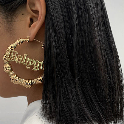 Hip Hop Punk Round Bamboo Earrings Creative Heart-Shaped Baby Letter Studs