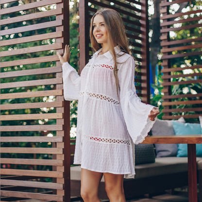 Three Dimensional Plaid Matching Lace Style Beach Dress Swimsuit Seaside Sunscreen Blouse