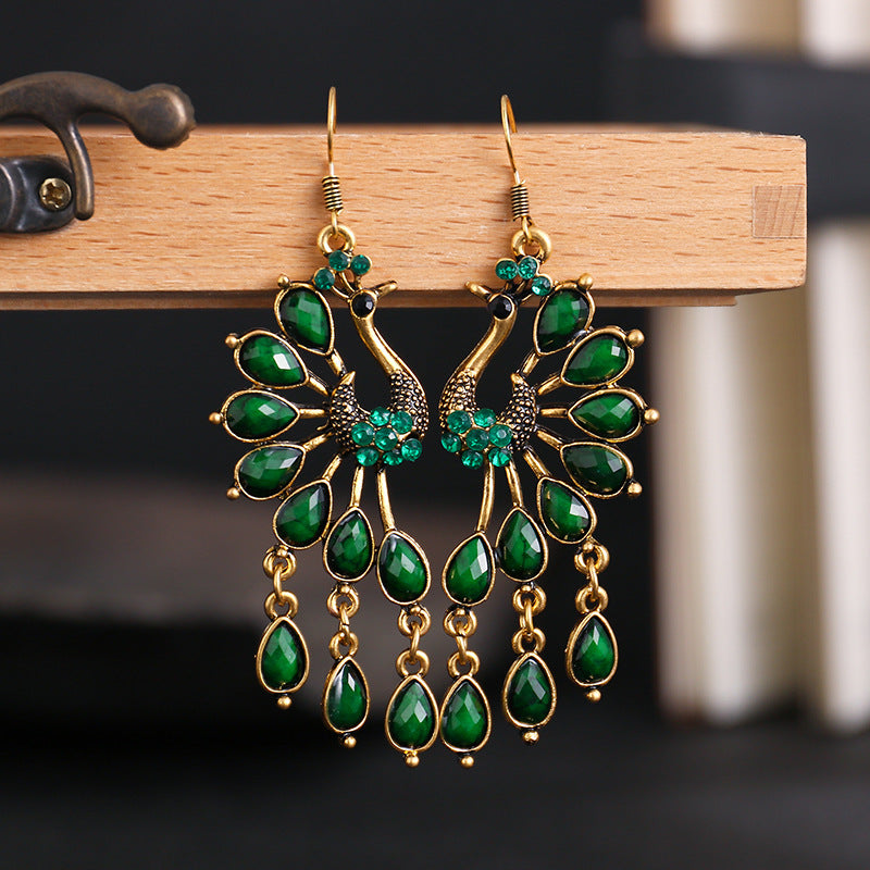 Vintage Peacock Ethnic Style Openwork Earrings Personalized European And American Earrings Dark Green Diamond-Set Alloy Earrings
