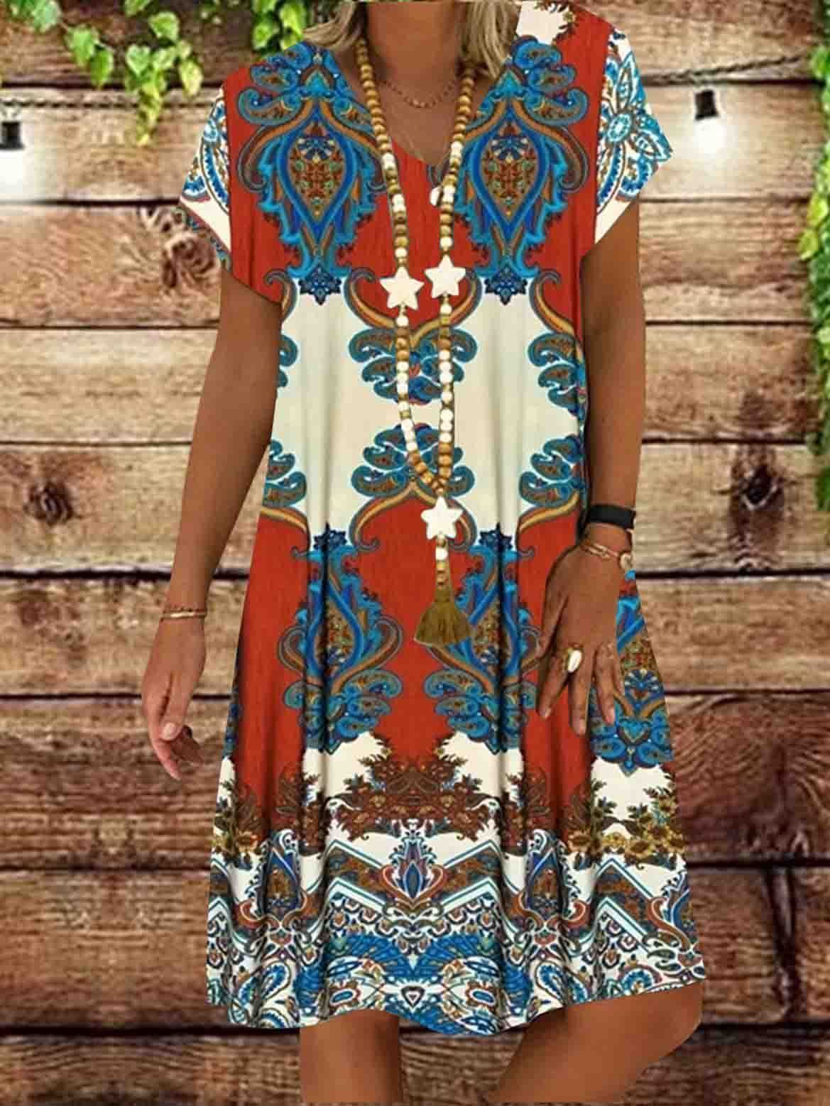 Summer New Short-Sleeved Printed Dress Mid-Length A-Line Skirt
