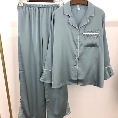 Spring And Summer New Women Thin Lace Pajamas Set Ice Silk Long-Sleeved Noble Temperament Home Clothes