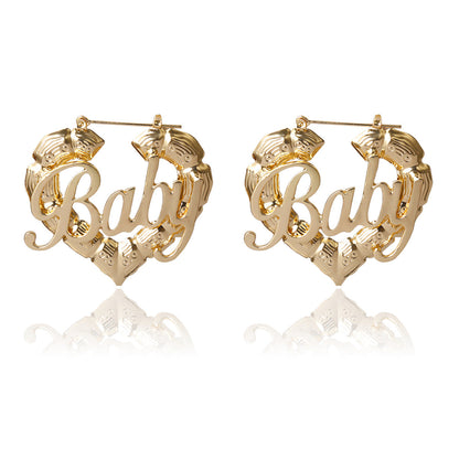 Hip Hop Punk Round Bamboo Earrings Creative Heart-Shaped Baby Letter Studs