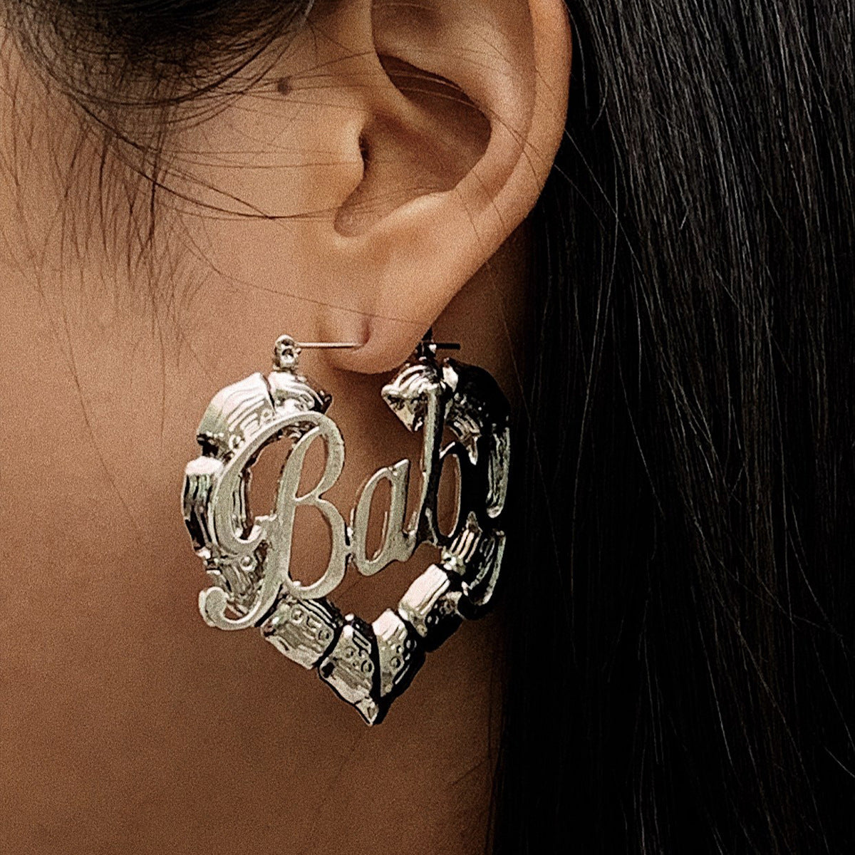 Hip Hop Punk Round Bamboo Earrings Creative Heart-Shaped Baby Letter Studs