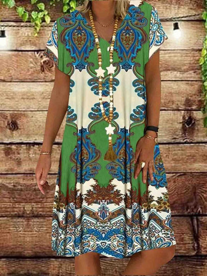 Summer New Short-Sleeved Printed Dress Mid-Length A-Line Skirt